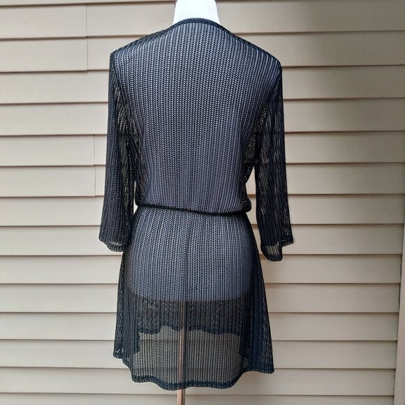 Black Sheer Swimsuit Cover-Up Plunging V-Neck 3/4 Sleeves Beach Vacation Cruise - Picture 7 of 8